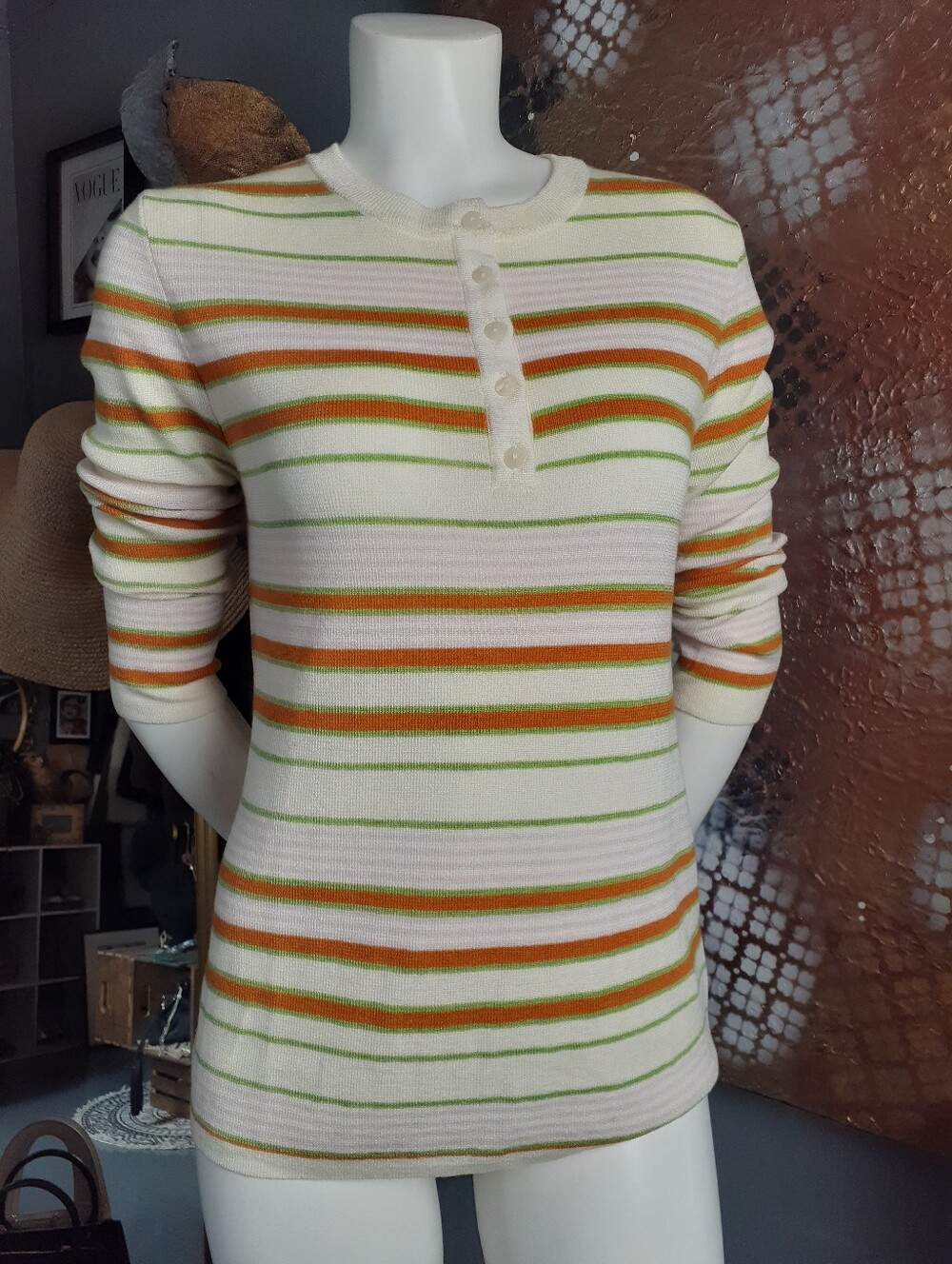 Zara Nwt Women’s Striped Henley Knit Top - Cream Qwith Orange & Green Stripes